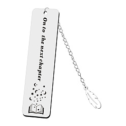 Moon Rectangle with Quote On To The Next Chapter Bookmark, Stainless Steel Bookmark, Feather Pendant Bookmark with Long Chain, Moon Pattern, 120x30mm