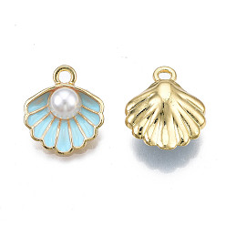 Sky Blue Alloy Pendants, with ABS Plastic Imitation Pearl & Enamel, Shell with Pearl, Light Gold, Sky Blue, 16x15x7mm, Hole: 1.5mm