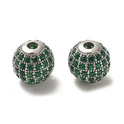 Sea Green Rhodium Plated 925 Sterling Silver Micro Pave Cubic Zirconia Beads, Round, Real Platinum Plated, Sea Green, 10x9mm, Hole: 2.2mm