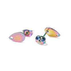 Rainbow Color Ion Plating(IP) 304 Stainless Steel Stud Earring Findings, Textured, Teardrop, Rainbow Color, 10x6x0.7mm, Hole: 1.2mm, Pin: 0.7mm