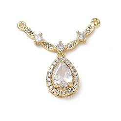 Golden Brass Micro Pave Clear Cubic Zirconia Chandelier Component Links, V Shape with Teardrop, Golden, 25x26x6mm, Hole: 1mm