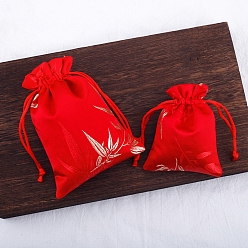Red Silk Embroidery Leaf Storage Bags, Drawstring Pouches Packaging Bag, Rectangle, Red, 14x10cm