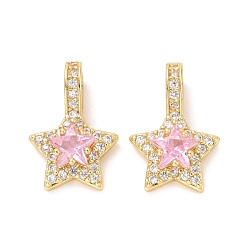 Бледно-Розовый Латунные микро проложить кубического циркония подвески, долговечный, без кадмия и без свинца, золотой свет, звезда, розовый жемчуг, 15x10.5x4 мм, отверстие : 3x2 мм