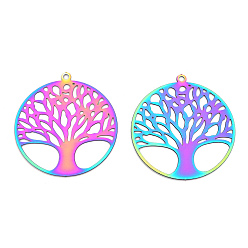 Rainbow Color 201 Stainless Steel Filigree Pendants, Etched Metal Embellishments, Tree of Life Charm, Rainbow Color, 32.5x30x0.2mm, Hole: 1.6mm