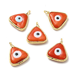 Coral Handmade Lampwork Pendants, with Eco-friendly Light Gold Brass Findings, Long-Lasting Plated, Cadmium Free & Lead Free, Triangle with Evil Eye Charm, Coral, 16x13.5x4~4.5mm, Hole: 2mm