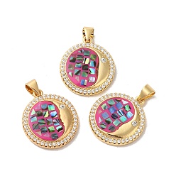 Ярко-Розовый Стойка металлическая латунная микропрофилированная кубическая циркония подвески, с эмалью и ракушкой, долговечный, без свинца и без кадмия, реальный 18 k позолоченный, луна, ярко-розовый, 21x18x3 мм, отверстие : 5x4 мм