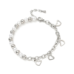 Stainless Steel Color 201 Stainless Steel Heart Charm Bracelet, Plastic Pearl Beaded Bracelet with 304 Stainless Steel Cable Chains for Women, Stainless Steel Color, 7-1/2 inch(19cm)