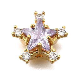 Лиловый Многожильные звенья из латуни с паве из кубического циркония, звезда, реальный 18 k позолоченный, сирень, 13x14x8 мм, отверстие : 1.8 мм