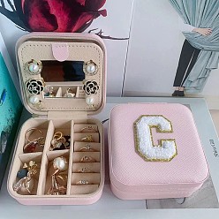 Letter C Letter Imitation Leather Jewelry Organizer Case with Mirror Inside, for Necklaces, Rings, Earrings and Pendants, Square, Pink, Letter C, 10x10x5.5cm