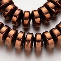 Copper Plated Electroplate Non-magnetic Synthetic Hematite Beads Strands, Heishi Beads, Disc/Flat Round, Copper Plated, 12x6mm, Hole: 1mm, about 69pcs/strand, 15.7 inch