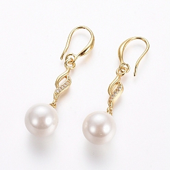 Golden Brass Dangle Earrings, with Clear Cubic Zirconia and Shell Pearl, Long-Lasting Plated, Golden, 43.5mm, Pin: 1mm