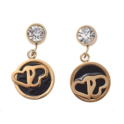 Golden 304 Stainless Steel Dangle Earrings, with Resin, Crystal Rhinestone and Ear Nuts, Flat Round with Double Heart, Golden, 23mm, Pin: 0.7mm