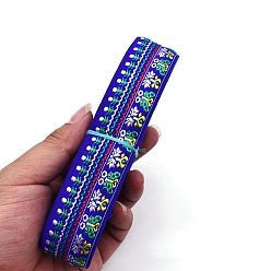 Blue 6.5M Ethnic Style Flat Embroidery Polyester Ribbons, Jacquard Ribbon, Garment Accessories, Flower Pattern, Blue, 1-1/4 inch(33mm), about 7.11 Yards(6.5m)/Bundle