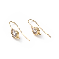 Clear Real 18K Gold Plated Brass Earring Hooks, with Cubic Zirconia and Vertical Loops, Teardrop, Cadmium Free & Nickel Free & Lead Free, Clear, 24~25mm, Pendant: 11x6mm, Hole: 1.2mm, 20 Gauge, Pin: 0.8mm