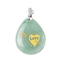 Зеленый Авантюрин Естественный зеленый авантюрин подвески, с реечной обшивкой латунными выводами, без кадмия и без свинца, очарование слезы, 31x25x5~7 мм, отверстие : 4.5x4 мм