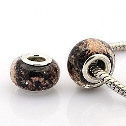 Black Handmade Lampwork Gold Sand Effect European Large Hole Rondelle Beads, with Silver Color Plated Brass Double Cores, Black, 14x9mm, Hole: 5mm