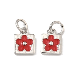 Красный Латунь эмаль подвески, квадратные и цветочные подвески, долговечный, стойки покрытие, без свинца и без кадмия, платина, красные, 10x7x2 мм, Перейти кольцо: 5.5x1 мм, 3 мм внутренним диаметром