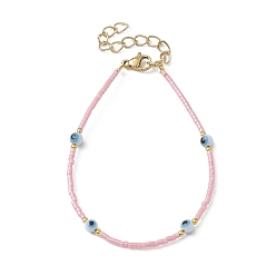 Pink Evil Eye Lampwork & Glass Seed Beaded Bracelet with Real 18K Gold Plated 304 Stainless Steel Clasps, Pink, 6-3/4 inch(17.2cm)