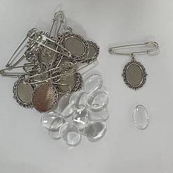 Antique Silver Alloy Oval Tray Brooch Base Settings, with Transparent Glass Cabochons, Antique Silver, 55mm