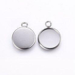 Stainless Steel Color 304 Stainless Steel Pendant Cabochon Settings, Plain Edge Bezel Cups, Flat Round, Stainless Steel Color, Tray: 12mm, 17.5x14x2mm, Hole: 2.5mm