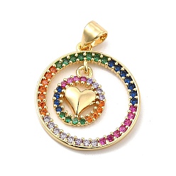 Colorful Brass Micro Pave Cubic Zirconia Pendants, Round Ring & Heart Charm, Golden, Colorful, 22.5x20.5x1.5mm, Hole: 4x3.5mm