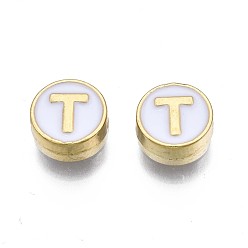 Letter T Alloy Enamel Beads, Cadmium Free & Lead Free, Light Gold, Flat Round with Alphabet, White, Letter.T, 8x4mm, Hole: 1.5mm