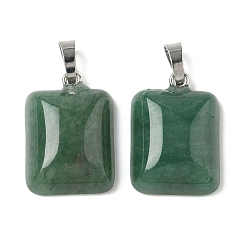 Зеленый Авантюрин Естественный зеленый авантюрин подвески, с платиновой и латунной фурнитурой, стойки покрытие, прямоугольник амулеты, 25~25.5x17.5~18x7~8 мм, отверстие : 8x5 мм