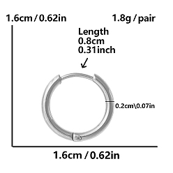 Серебро Простые и стильные 304 серьги-кольца из нержавеющей стали, серебряные, 16x16 мм