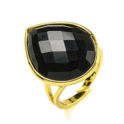 Obsidian Teardrop Natural Obsidian Open Cuff Rings, Golden Plated Brass Ring for Unisex, Inner Diameter: Adjustable