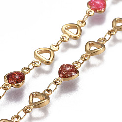 Golden 304 Stainless Steel Enamel Chains, Soldered, Heart, Colorful, Golden, 10x5.5x1.5mm