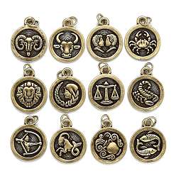 Antique Bronze Brass Pendant Sets, with Jump Rings, Long-Lasting Plated, Flat Round with 12 Constellation/Zodiac Sign, Antique Bronze, 18.5x15x2mm, Hole: 3.6mm, 1pc/constellation, 12pcs/set