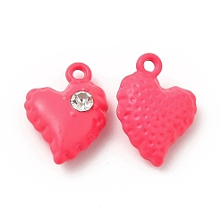 Deep Pink Spray Painted Alloy Pendants, with Rhinestone, Heart Charm, Deep Pink, 14x10x5mm, Hole: 1.2mm