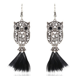 black Charming and Fashionable Hollowed-out Owl Feather Earrings - HY-7238