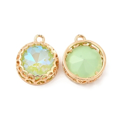 Chrysolite K9 Glass Pendants, with Light Gold Brass Finding, Flat Round Charms, Chrysolite, 18x14.5x5.5mm, Hole: 1.6mm
