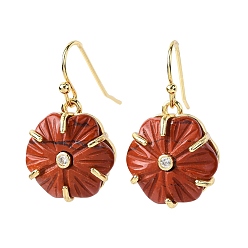 Красный Камень Серьги-подвески из натуральной красной яшмы в форме цветка, с прозрачным кубическим цирконием и латунной фурнитурой, золотые, стойки покрытие, 25x16.5 мм