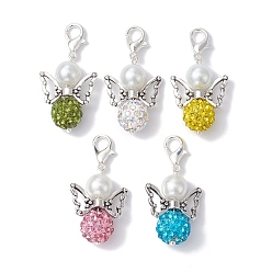 Mixed Color Angel Polymer Clay Rhinestone Bead & Glass Pearl Pendant Decorations, with Alloy Lobster Claw Clasps, Mixed Color, 34mm