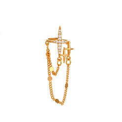 01KC Gold Minimalist Star Tassel Ear Clip with Rhinestones and Cross Chain, Non-Pierced Earring Jewelry