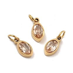 PeachPuff Vacuum Plating 304 Stainless Steel Pendants, with Cubic Zirconia and Jump Rings, Single Stone Charms, Oval, Golden, PeachPuff, 10x5x3mm, Hole: 3.4mm