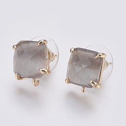 Dark Gray Faceted Glass Stud Earring Findings, with Loop, Light Gold Plated Brass Findings, Square, Dark Gray, 11x10x5mm, Hole: 1mm, Pin: 0.8mm