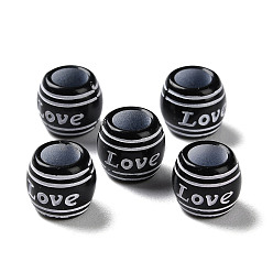 White Spray Printed Opaque Acrylic European Beads, Large Hole Beads, Barrel with Word Love, White, 9x8mm, Hole: 5mm, about 2000pcs/500g