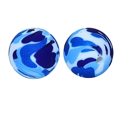 Blue Round with Camouflage Print Pattern Food Grade Silicone Beads, Silicone Teething Beads, Blue, 15mm