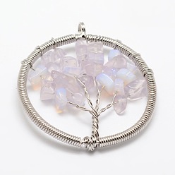 Opalite Tree of Life Opalite Bead Brass Wire Wrapped Big Pendants, Cadmium Free & Nickel Free & Lead Free, Platinum, 54~60x49~52x6~9mm, Hole: 4~6mm