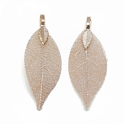 Rose Gold Plated Iron Big Pendants, Electroplate Natural Leaf, Leaf, Rose Gold Plated, 52~53x19~20x1.5mm, Hole: 3x5.5mm