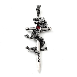 Antique Silver Tibetan Style Alloy Big Pendants, with Rhinestone, Sword with Dragon Charms, Antique Silver, 66x24.5x6.5mm, Hole: 8.5x5mm