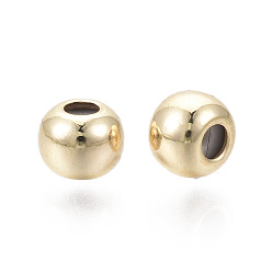 Real 18K Gold Plated Brass Beads, with Rubber Inside, Slider Beads, Stopper Beads, Nickel Free, Round, Real 18K Gold Plated, 5x4mm, Hole: 2mm, Rubber Hole: 0.9mm