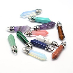 Mixed Stone Bullet Platinum Plated Alloy Natural & Synthetic Mixed Stone Pointed Pendants, Cadmium Free & Lead Free, 33~40x8~9mm, Hole: 3x4mm