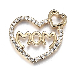 Real 18K Gold Plated Brass Micro Clear Cubic Zirconia Pendants, Long-Lasting Plated, for Mother's Day, Heart with Word Mom, Real 18K Gold Plated, 21.3x21.8x4.3mm, Hole: 4.5x5mm