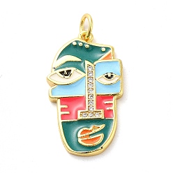 Teal Real 18K Gold Plated Brass Clear Cubic Zirconia Pendants, with Enamel and Jump Ring, Abstract Face, Teal, 26x15x4mm, Hole: 3.4mm