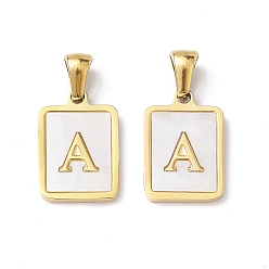 Letter A Ion Plating(IP) 304 Stainless Steel Pave Shell Pendants, Rectangle Charm, Real 18K Gold Plated, Letter A, 17.5x12x1.5mm, Hole: 3x5mm