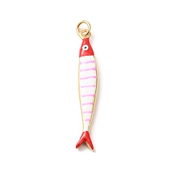 Pearl Pink Brass with Enamel Pendants, Fish with Stripe Charms, Rack Plating, Long-Lasting Plated, Lead Free & Cadmium Free, Real 18K Gold Plated, Pearl Pink, 44x7x4mm, Hole: 3.5mm